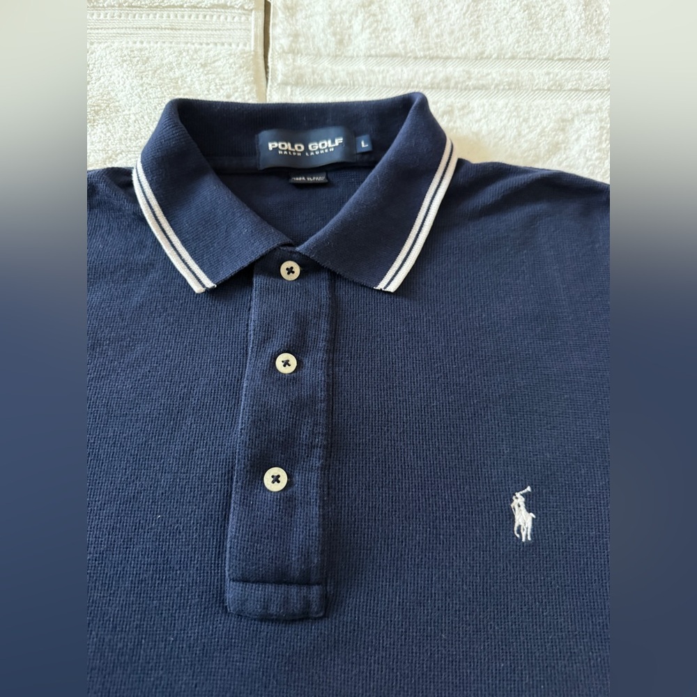 Vintage Mens Polo Ralph Lauren “Polo Golf” Shirt Navy Blue, Stripe Collar, L